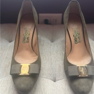 Salvatore Ferragamo Olive Suede Heels with Gold Buckle